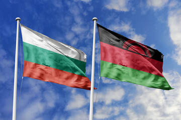 3D illustration. Bulgaria and Malawi Flag waving in the sky. High detailed waving flag. 3D render. Waving in the sky. Flags fluttered in the cloudy sky.