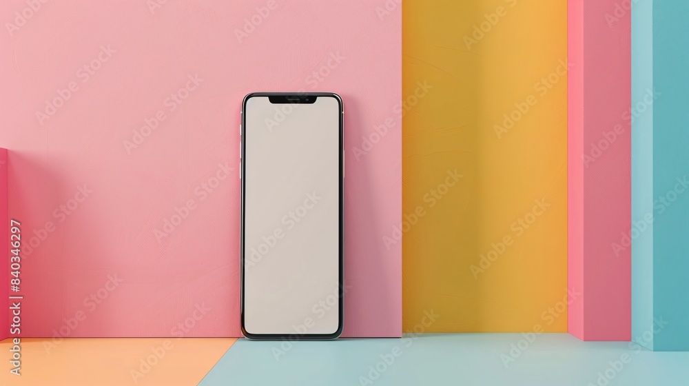 Poster minimalist smartphone mockup against colorful geometric background for modern tech and design concep