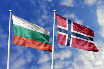 3D illustration. Bulgaria and Norway Flag waving in the sky. High detailed waving flag. 3D render. Waving in the sky. Flags fluttered in the cloudy sky.