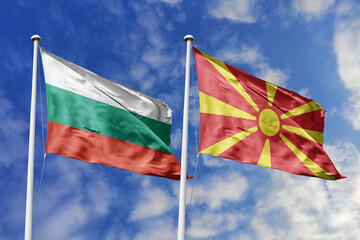 3D illustration. Bulgaria and North Macedonia Flag waving in the sky. High detailed waving flag. 3D render. Waving in the sky. Flags fluttered in the cloudy sky.