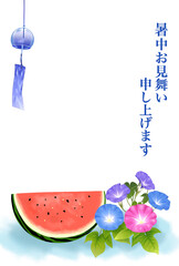西瓜　朝顔　風鈴　暑中見舞い　文字　素材　水彩画　風物詩　和　和風　晴れ　涼しい　おしゃれ　シンプル　縦長