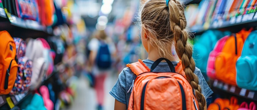 Young girl with an orange backpack shopping for school supplies in a store aisle, focusing on colorful backpacks and back-to-school essentials.