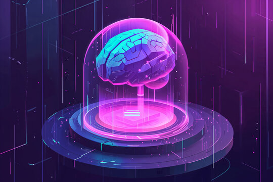 Futuristic AI brain concept with vibrant neon colors. Generative AI image