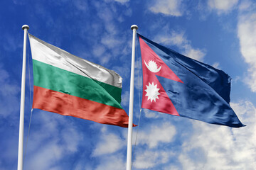 3D illustration. Bulgaria and Nepal Flag waving in the sky. High detailed waving flag. 3D render. Waving in the sky. Flags fluttered in the cloudy sky.