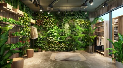 Fototapeta premium Green Oasis EcoFriendly Fashion Haven with Living Walls and Sustainable Lighting for Conscious Consumers