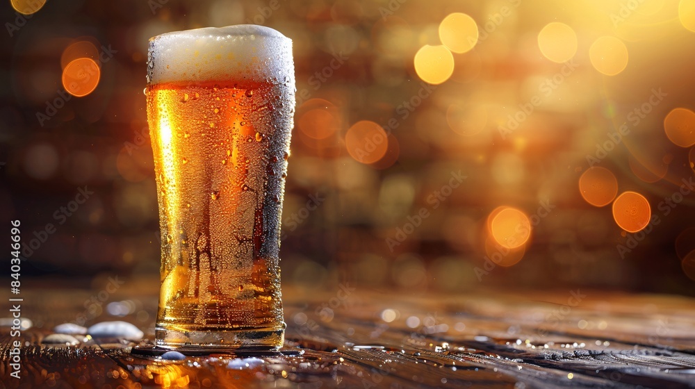 Aufkleber refreshing cold beer in a tall glass with foam on a wooden table against a warm bokeh background in 