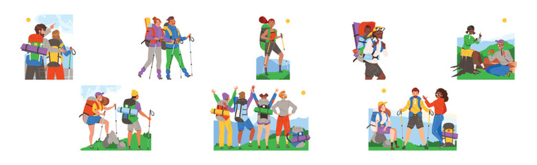 People Character Hiking in the Mountains with Pole and Backpack Vector Set