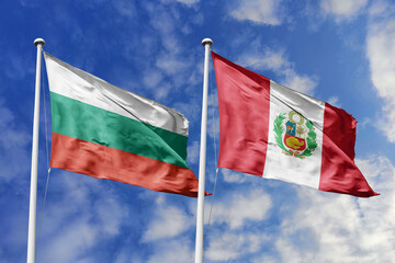 3D illustration. Bulgaria and Peru Flag waving in the sky. High detailed waving flag. 3D render. Waving in the sky. Flags fluttered in the cloudy sky.