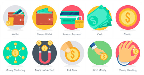 A set of 10 Shopping icons as wallet, money wallet, secured payment