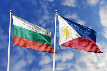 3D illustration. Bulgaria and Philippines Flag waving in the sky. High detailed waving flag. 3D render. Waving in the sky. Flags fluttered in the cloudy sky.