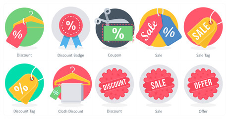 A set of 10 Shopping icons as discount, discount badge, coupon