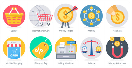 A set of 10 Shopping icons as basket, international cart, money target