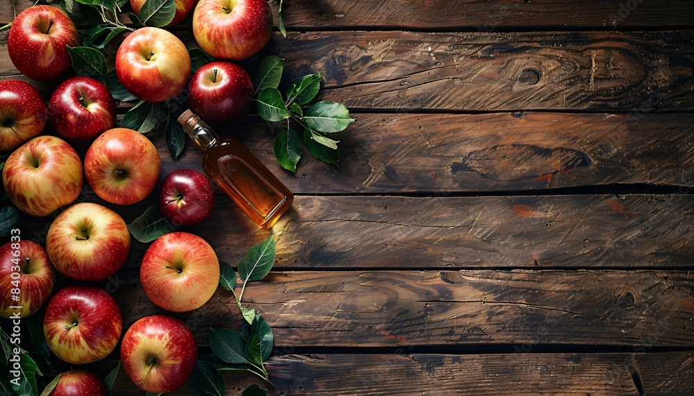 Wall mural Fresh Red Apples and a Bottle of Apple Cider Vinegar on Rustic Wooden Table with Green Leaves, Top View, Healthy Organic Food Concept, Autumn Harvest, Natural Ingredients for Cooking and Baking