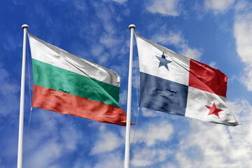 3D illustration. Bulgaria and Panama Flag waving in the sky. High detailed waving flag. 3D render. Waving in the sky. Flags fluttered in the cloudy sky.