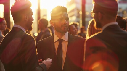 Obraz premium Three businessmen engage in conversation at sunset image. Professional relaxed atmosphere photography scene wallpaper. Business interactions, networking concept photorealistic photo