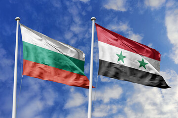 3D illustration. Bulgaria and Syria Flag waving in the sky. High detailed waving flag. 3D render. Waving in the sky. Flags fluttered in the cloudy sky.