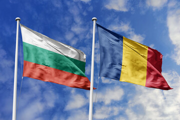3D illustration. Bulgaria and Romania Flag waving in the sky. High detailed waving flag. 3D render. Waving in the sky. Flags fluttered in the cloudy sky.
