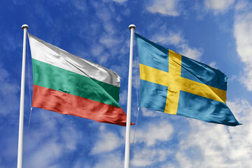 3D illustration. Bulgaria and Sweden Flag waving in the sky. High detailed waving flag. 3D render. Waving in the sky. Flags fluttered in the cloudy sky.