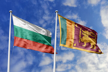 3D illustration. Bulgaria and  Sri Lanka Flag waving in the sky. High detailed waving flag. 3D render. Waving in the sky. Flags fluttered in the cloudy sky.