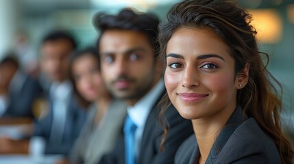 Obraz premium Indian business woman with welcoming smile portrait image. Business meeting with south asian colleagues picture photorealistic photography. Teamwork collaboration concept photo realistic