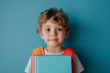 3 year old with t-shirt backpack and school books looking at camera