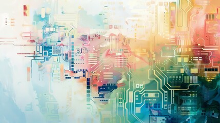 Ethereal High-Tech Circuit Board in Watercolor Style with Pastel Colors and Soft Lighting, Artistic and Modern Touch