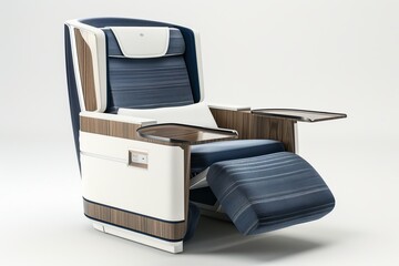 Modern airplane seat with blue upholstery and wooden accents. Ideal for business class. Features luxury comfort and sleek design. Perfect for travel marketing and airline promotions