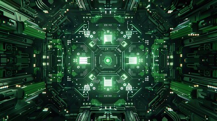 Fototapeta premium Futuristic Green Circuit Board - Minimal Symmetrical Art with Clean Aesthetics