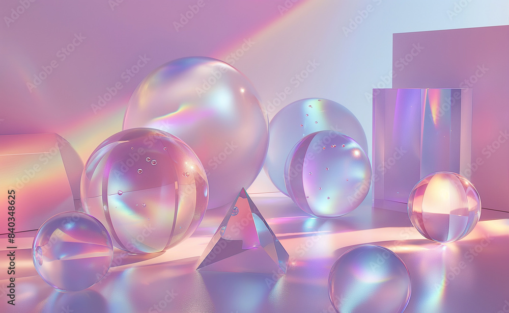 Poster an array of geometric crystal spheres and shapes reflecting vibrant pastel lights, creating a surrea