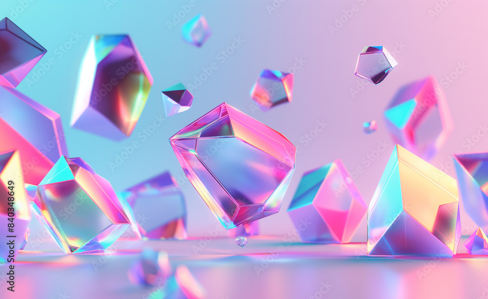 Poster an array of geometric crystal spheres and shapes reflecting vibrant pastel lights, creating a surrea