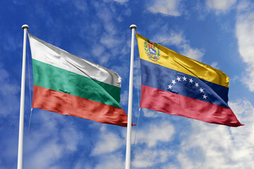 3D illustration. Bulgaria and Venezuela  Flag waving in the sky. High detailed waving flag. 3D render. Waving in the sky. Flags fluttered in the cloudy sky.