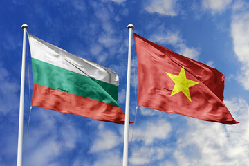 3D illustration. Bulgaria and Vietnam Flag waving in the sky. High detailed waving flag. 3D render. Waving in the sky. Flags fluttered in the cloudy sky.