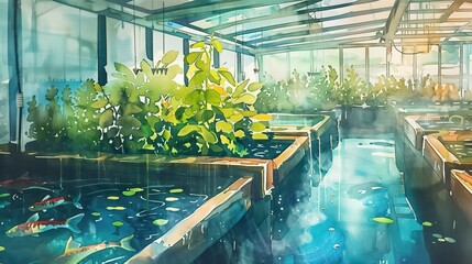 Aquaponic Greenhouse with Lush Vegetation and Fish Tanks