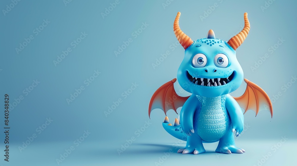 Wall mural Cute blue dragon with orange horns and wings. 3D rendering. - Wall murals