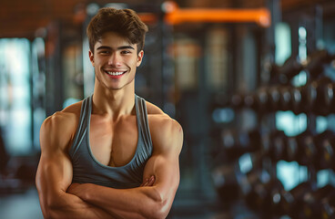 Fototapeta premium smiling athletic young man on gym background