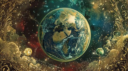 Obraz premium Conceptual of tarot card the world, Golden Earth in Celestial Splendor, celestial background, capturing the grandeur and beauty of our planet in the cosmos.