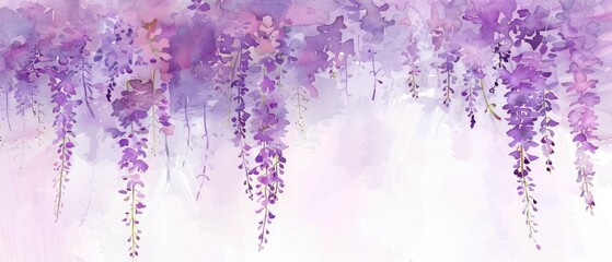 Pastel wisteria in light purple watercolor style with cascading blooms