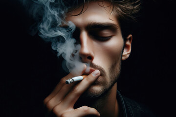 Obraz premium A Close up man is smoking a cigarette and the smoke is coming out of his nose Isolated on black background