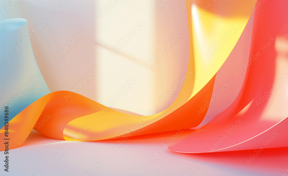 Poster minimalist scene with pastel-colored podiums and columns bathed in soft light, evoking a serene and 