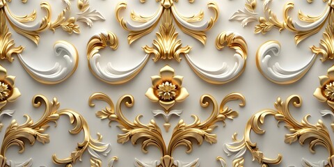 Baroquestyle golden floral pattern on white background with elegant luxurious design. Concept Baroque Style, Golden Floral Pattern, White Background, Elegant Design, Luxurious Decor