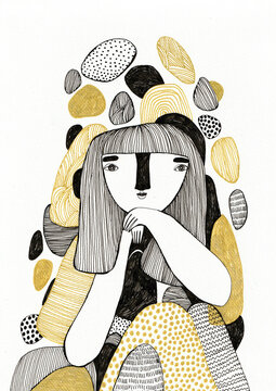 A girl thinking with clouds of patterns floating around her
