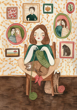 A woman sitting on a chair and knitting
