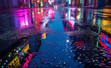 Minimalist Photorealistic Neon Reflections on Wet Urban Street at Night