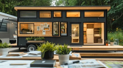 Modern Sustainable Architecture Tiny Home Design Studio with EcoFriendly Materials Blueprint Models and Business Cards