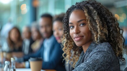 Obraz premium Confident black businesswoman smiles at meeting table portrait image. Colleagues diversity picture photorealistic photography. Professionalism collaboration concept photo realistic