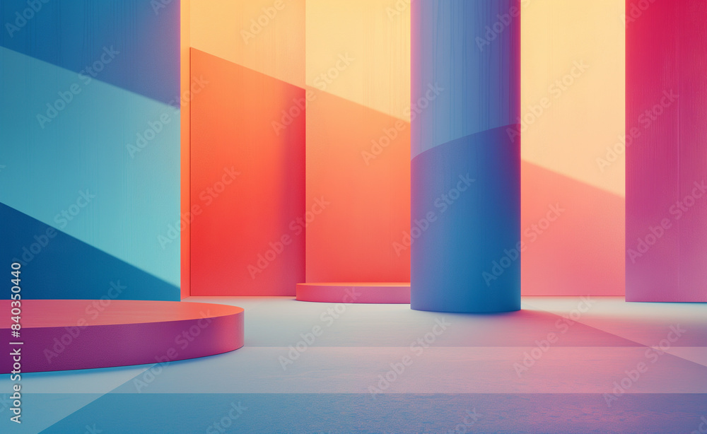 Poster minimalistic geometric setup with pastel-colored spheres, cubes, and frames creating a serene, balan