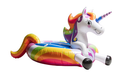Colorful inflatable unicorn pool float with a smiling face, rainbow mane, and tail, perfect for summer fun and water activities.