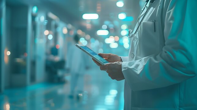 Doctor holding and reading an tablet in the hospital background blurred with the medical clinic interior background bokeh. Digital healthcare, technology concept.