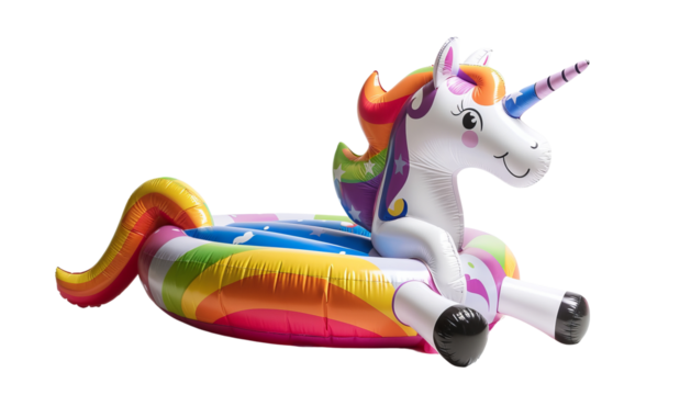Colorful inflatable unicorn pool float with a smiling face, rainbow mane, and tail, perfect for summer fun and water activities.
