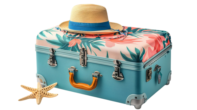 Colorful vintage suitcase with tropical pattern, summer hat, and starfish, perfect for vacation and travel themes.